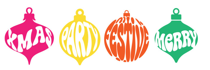 Retro Christmas bauble decorations with festive typography words in bold vintage style
