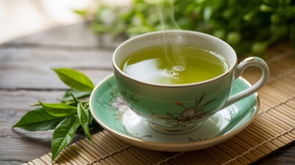 Steaming cup of vibrant green tea rests on rustic wood next to fresh leaves for ultimate relaxation