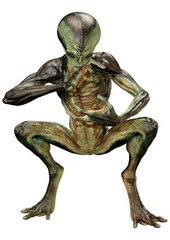 3D Rendering Green Alien on White