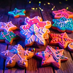 Colorful star cookies on wooden table, with string lights twinkling in the background, festive and warm ambiance