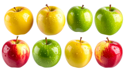 Floating Mixed Colorful Apples Collection Transparent Background.