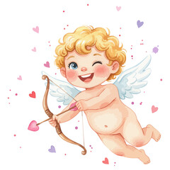 Cupid with bow and arrow. Little archer of love. Cheeky shot from Cupid angel. Valentine's Day messenger. Smiling god of desire. Watercolor winged cherub. Amore baby vector illustration