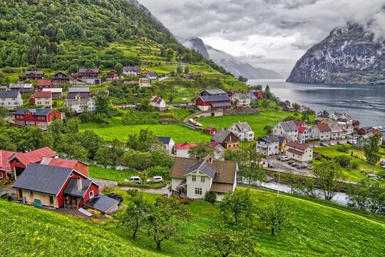 Norway fiord landscape - Aurlandsfjord, part of Sognefjord. Town of Undredal.