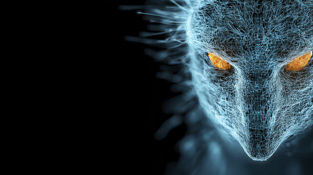 Digital wolf with glowing eyes, showcasing futuristic design and intricate wireframe details, evokes sense of mystery - Powered by Adobe