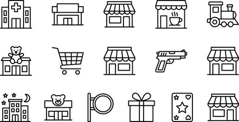 Collection of retail shop, hospital, toy store, gift, transport, shopping cart, and miscellaneous icon set for commercial graphic design © LineArt Haven