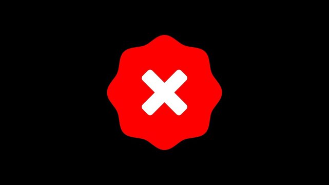 Animation of cross mark icon. red circle and white cross mark on black background.