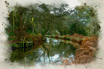 Digital watercolour painting of autumn tree and leaf colours along the Caldon canal at Denford in Staffordshire.