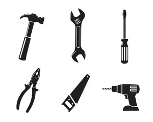 Construction tools silhouette set. Repair equipment icons including hammer, wrench, drill, saw, pliers, and screwdriver.
