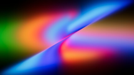 Abstract neon background. Holographic gradient in glowing pink orange and blue tones, multicolored light effect on black. Minimalist digital illustration