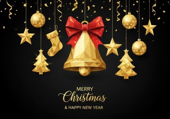 A festive christmas decoration arrangement featuring golden lowpoly ornaments, trees, stars, a stocking, and a bell, with falling confetti on a black background