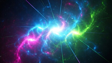 Vibrant cosmic nebula explosion with bright magenta blue and green swirling energy streams against a dark starry background