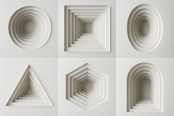 Fototapeta premium Geometric Composition: A mesmerizing display of geometric shapes carved into a surface, showcasing intricate layers of form and shadow, creating a visually compelling exploration of depth and design.
