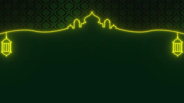 Glowing Neon Mosque Silhouette with Hanging Lanterns on Islamic Pattern Background