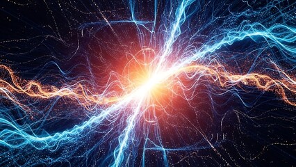Abstract digital energy burst with glowing blue and orange light trails creating dynamic waves of futuristic particle motion against dark background