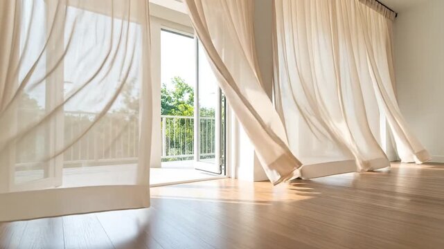 Soft curtains blowing in sunlight; view of a balcony through a window; wood flooring