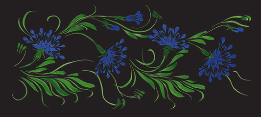 Vector floral composition from hand painted blue flowers on a black background