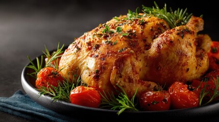 Roasted chicken on plate with tomatoes