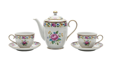 Fototapeta premium Porcelain tea set with floral pattern on black background ceramic teapot