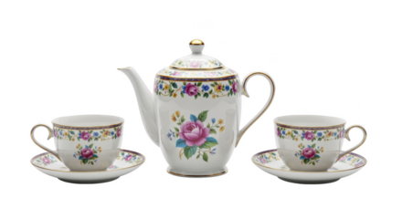 Porcelain tea set with floral pattern on black background ceramic teapot