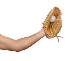 Extended arm holding leather baseball glove with captured ball, against clean white background.
