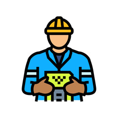 landfill workers handling e waste pollution color icon vector illustration