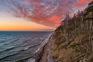 Aerial view of Baltic Sea coast in winter, with bare trees on the cliff and waves rolling under a...