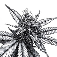 Detailed monochrome botanical drawing of a lush plant with intricate leaves and a flowering bud cluster