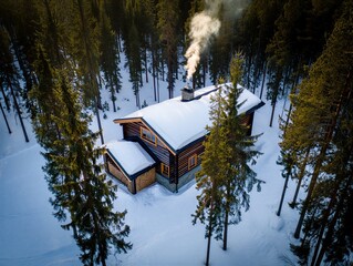 A wooden cabin sits in a snowy forest. Smoke rises from the chimney. Soft light shows through the windows. Trees surround the cabin, creating a quiet atmosphere in the evening.