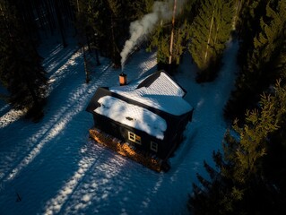 Cozy wooden cabin in winter forest with smoke rising from the chimney and soft light glowing from windows at dusk