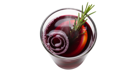 Glass of Dark Sangria with Garnish: Top-down shot captures a refreshing glass filled with dark red sangria, garnished with a rosemary sprig.
