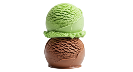 Towering Ice Cream Delight: A stack of two flavorful scoops, with refreshing green above and rich chocolate below.