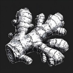 Detailed monochrome cross-hatch drawing of a knobby, uneven ginger root against a dark gray background