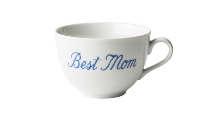 White Ceramic Teacup with Blue " Best Mom" Script Isolated on Black coffee cup coffee