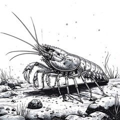 Detailed monochrome crustacean drawing, showing a large lobster-like creature resting on a sandy, rocky seabed
