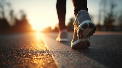 Runner on asphalt path at sunrise
