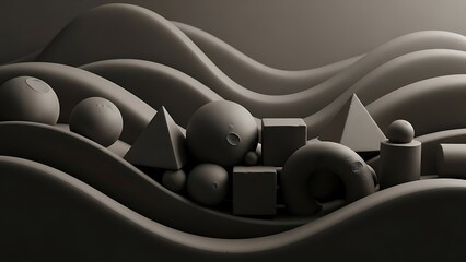 Monochromatic sculpture of geometric shapes on wavy matte surface, cubes, spheres, and pyramids arranged on undulating grey background