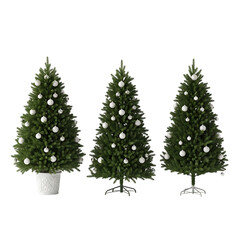 Fototapeta premium Decorated Christmas Trees Displayed Indoors with Ornaments and Stands in a Festive Holiday Setting