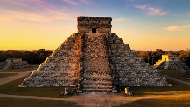 Sunset light filtering through ancient stone pillars with chichen itza one of the effect travel destination style featuring mayan
