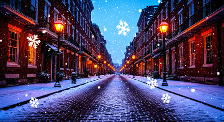 Obraz premium Enchanting Snowy Evening on a Historic City Street