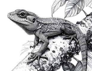 Detailed monochrome drawing of a lizard perched on a branch surrounded by foliage, showcasing intricate scale patterns