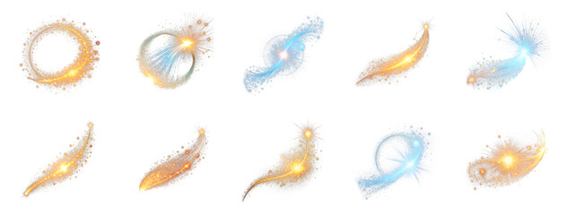 Collection of Glowing particle trail isolated on transparent background