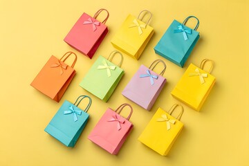 Nine Colorful Paper Gift Bags Arranged in Pattern on Bright Yellow Background for Shopping and Holiday Sales