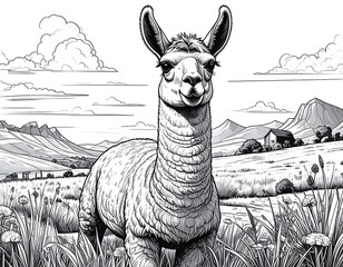 Detailed monochrome drawing of an alpaca standing in a grassy field with mountains and clouds in the background