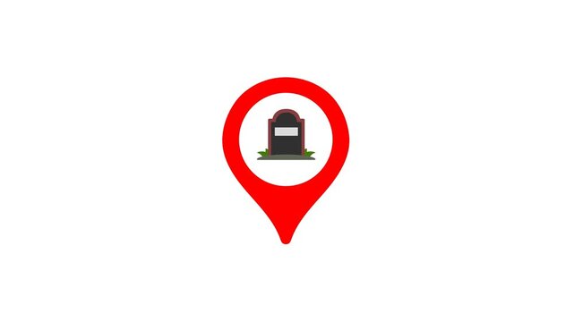 Animated 3D location pin icon featuring a gravestone symbol for cemetery maps burial site navigation and funeral service positioning on a transparent background.
