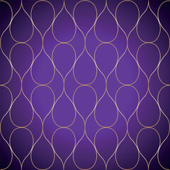 Fototapeta premium Abstract seamless pattern with ornamental lattice, golden metallic curves on a dark violet purple background. High-contrast. Elegant visual rhythm for interiors and branding. Magic aesthetics. Vector