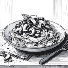Detailed monochrome drawing of spaghetti with sliced mushrooms in a bowl, fork and napkin on a wooden surface