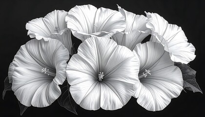 Detailed monochrome floral arrangement features large, trumpet-shaped blooms with prominent stamen on dark ground