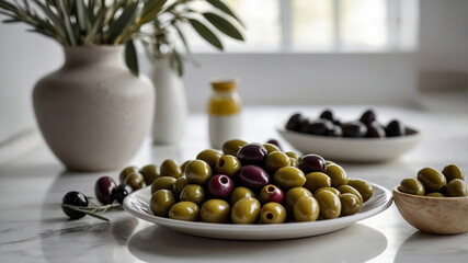 Green and dark olives in white plates, in a white light kitchen, olive branches in a white vase