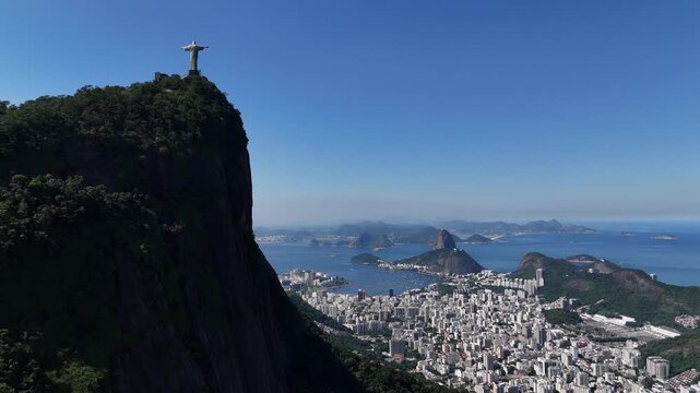 Aerial Drone Shot of Christ the Redeemer and Surrounding Mountains, Rio de Janeiro