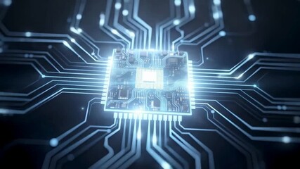 Microchip technology circuit glowing processor with digital connections and data flow visualization for advanced computing, hardware engineering and high-tech electronics video - Powered by Adobe